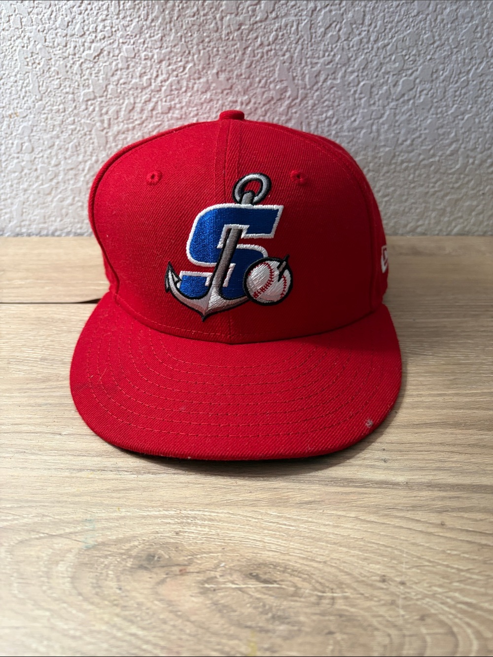 New Era Kids Red Flat Brim Cap with Blue Anchor & Baseball Patch